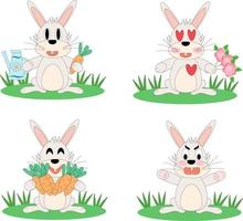 Rabbit character. Emotions. Rabbit gardener, loving, happy and angry. Vector flat illustration isolated on white background