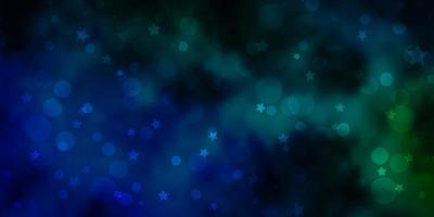 Dark Blue, Green vector background with circles, stars.