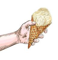 mano sosteniendo cono de gofre con helado, a todo color vector