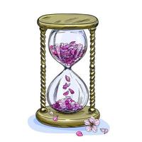 Antique hourglass on the black background, pink petals vector