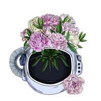 Bouquet of peonies in astronaut helmet, space vase vector