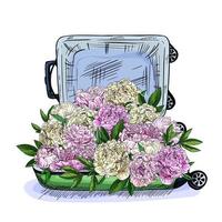 Heap of lush pink peonies in the suitcase, hand drawn vector illustration.