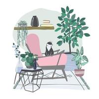 Cozy scandi room interior with a lot of plants in pots vector