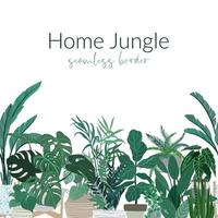 Tropical home plants in pots, urban jungle seamless border vector