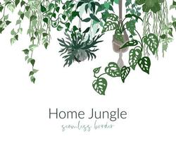 Tropical home plants in pots, urban jungle seamless border vector