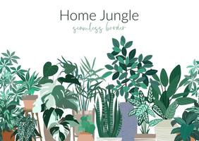 Tropical home plants in pots, urban jungle seamless border vector