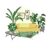 Cozy scandi room interior with a lot of plants in pots vector