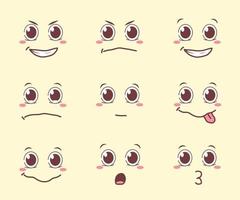 extraña colección de expresiones faciales de dibujos animados lindos y kawaii vector