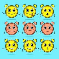 Weird cute and kawaii alarm clock cartoon face expressions collection vector