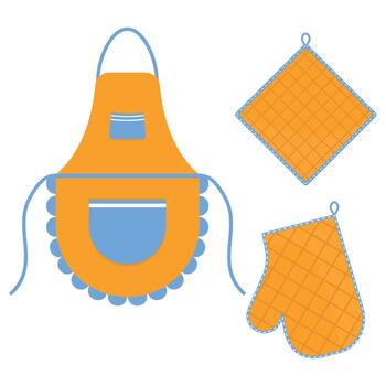 Oven mitt and oven mitt and apron hanging on the rack on hooks, color isolated vector illustration in the flat style
