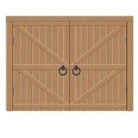 Old wooden massive closed gates, vector illustration. Double door with iron handles and hinges
