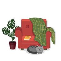 sillón interior de casa, flor y gato, ilustración de vector de color plana