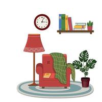 sillón interior de casa, lámpara, reloj y estantería, ilustración de vector de color plano