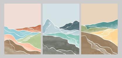 set of creative minimalist hand painted illustrations of Mid century modern. line art print. Abstract mountain contemporary aesthetic backgrounds landscapes. vector illustrations