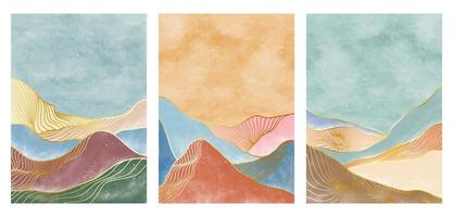 conjunto de ilustraciones creativas minimalistas pintadas a mano de mediados de siglo moderno. abstracto montaña contemporáneo estética fondos paisajes. ilustraciones vectoriales vector