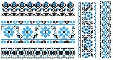 Ukrainian national cross-stitch vector ornament scheme of flowers. Black and blue set of embroidery illustration
