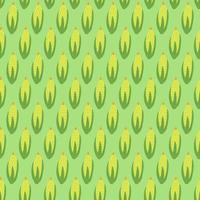 Seamless pattern of ripe golden corn on the cob with green leaves on green background. Vector illustration