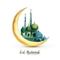 Eid mubarak background with moon and mosque card design vector