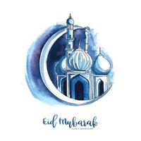 Eid Mubarak islamic moon and mosque greeting card background vector