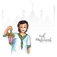 Eid mubarak greeting card with beautiful muslim woman holding arabic lantern design vector