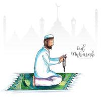 Muslim man reading quran islamic praying eid mubarak background vector