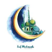 fondo de tarjeta de felicitación de luna y mezquita islámica de eid mubarak vector