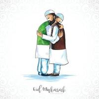 Muslim man people hugging and wishing eid mubarak celebration background vector