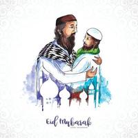 hombre musulmán gente abrazándose y deseando fondo de celebración de eid mubarak vector