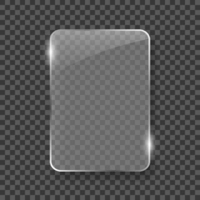 Realistic Glass Plate on Transparent Background. Silver Vertical Rectangle Frame Glass for Decoration and Covering. Clear Shiny Frame Glass Texture with Glossy Effect. Isolated Vector Illustration