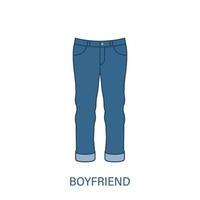 Woman Boyfriend Type Jeans Trousers Silhouette Icon. Modern Women Denim Clothing Style. Blue Fashion Casual Apparel. Beautiful Type of Female Pants. Mom Fit Pant. Isolated Vector Illustration.