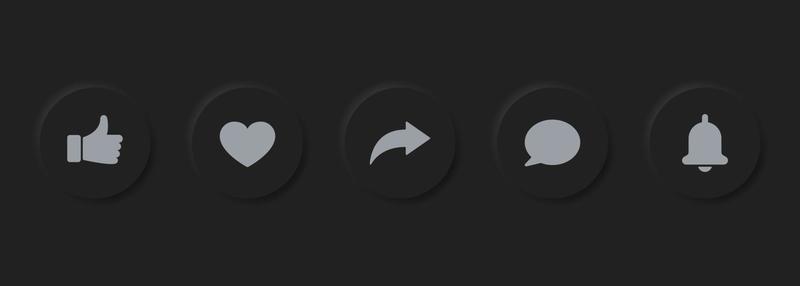 Neumorphism Social Media Buttons Set. Dark Circle Grooved Buttons Bar for Application Interface. Modern Multimedia Pledging Button. Isolated Vector Illustration.