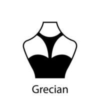 Grecian of Fashion Neckline Type for Women Blouse, Dress Silhouette Icon. Black T-Shirt, Crop Top on Dummy. Trendy Ladies Grecian Type of Neckline. Isolated Vector Illustration.