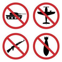 No War Symbol Silhouette Icon Set. Red Stop Sign Military Weapon Glyph Pictogram Collection. Warning Tank, War Plane, Nuclear Bomb, AK47 Icon. No Army Only Peace Symbol. Isolated Vector Illustration.