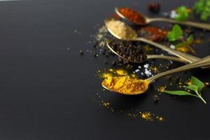 Tumeric powder for cooking - Herbs on luxury spoon aginst black background photo