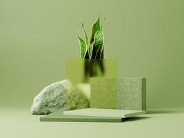 Podios de visualización mínimos en 3d con plantas verdes y piedras sobre fondo verde. Representación 3D de presentación abstracta para publicidad de productos. Ilustración mínima 3d. foto