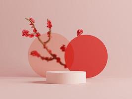 Podios de visualización mínimos en 3d con flor de cerezo o fondo de sakura. Representación 3D de presentación realista para publicidad de productos. Ilustración mínima 3d. foto