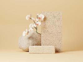 Podios de exhibición de ladrillo mínimo 3d con flor de orquídea y piedra sobre fondo beige. Representación 3D de presentación abstracta para publicidad de productos. Ilustración mínima 3d. foto