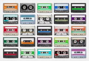 25 audio cassettes isolated on white background