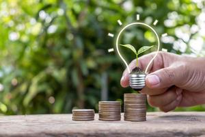 Plants planted in energy-saving lamps in the hands of people and piles of coins. Eco-friendly economic growth and energy concept photo