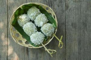 Thai dessert, green, round shape, made of flour, sugar, close-up shot. photo