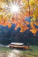 Beautiful nature view of Arashiyama in autumn season along the river in Kyoto, Japan. Arashiyama is a one of attraction landmark for tourist in Kyoto, Japan. photo