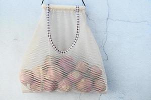 fresh onion in a reusable shopping bag photo