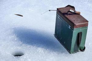 Fishing box on ice with rod and hole in ice on lake surface with sunset shadow photo