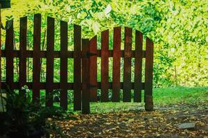 Dark wooden arched plank fence edge on light sunlit green trees and hedge leafy backgound photo