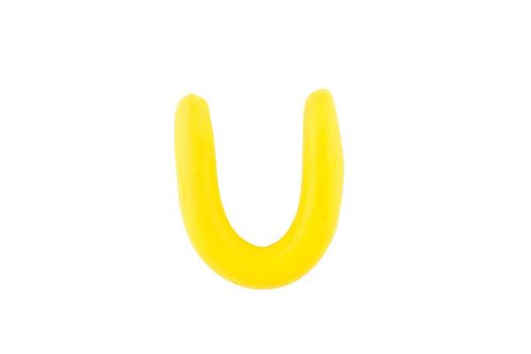 A colorful, handcrafted letter U made from plasticine clay, isolated on a white background.