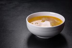 Soup with turkey meatballs, potatoes and vegetables. Selective focus photo