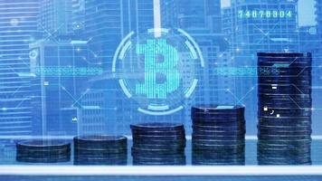 fundo gráfico de computador de dinheiro digital bitcoin. parar o aumento da pilha de moedas.