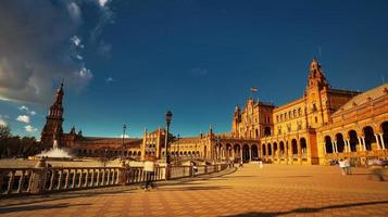 Seville, Spain - February 18th, 2020 - Plaza de Espana, Spain Square of the pavilion Buildings with beautiful Architecture details in Seville City Center.