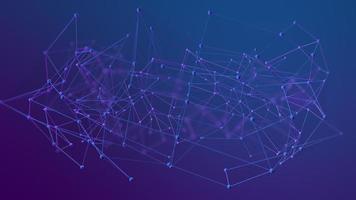 Digital background of connection structure with spheres and white lines with transparent polygons that are randomly deformed against violet background. 3d animation video