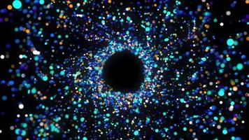 abstracte achtergrond van explosie van een groep blauwe, oranje en groene deeltjes van verschillende groottes die in een cirkelvorm bewegen tegen een onscherpe achtergrond in de zwarte ruimte. 3D animatie